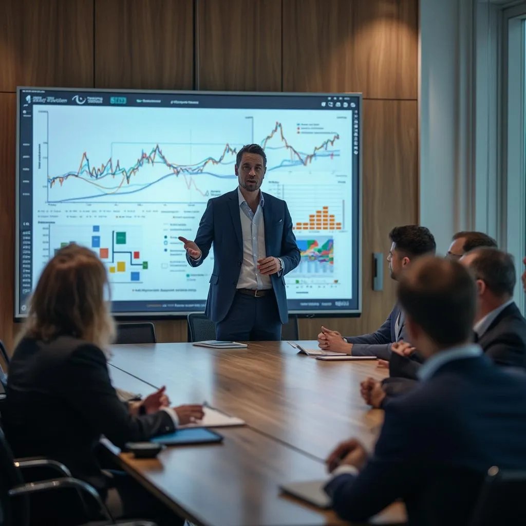 Consultor presentando resultados a un cliente en una sala de conferencias