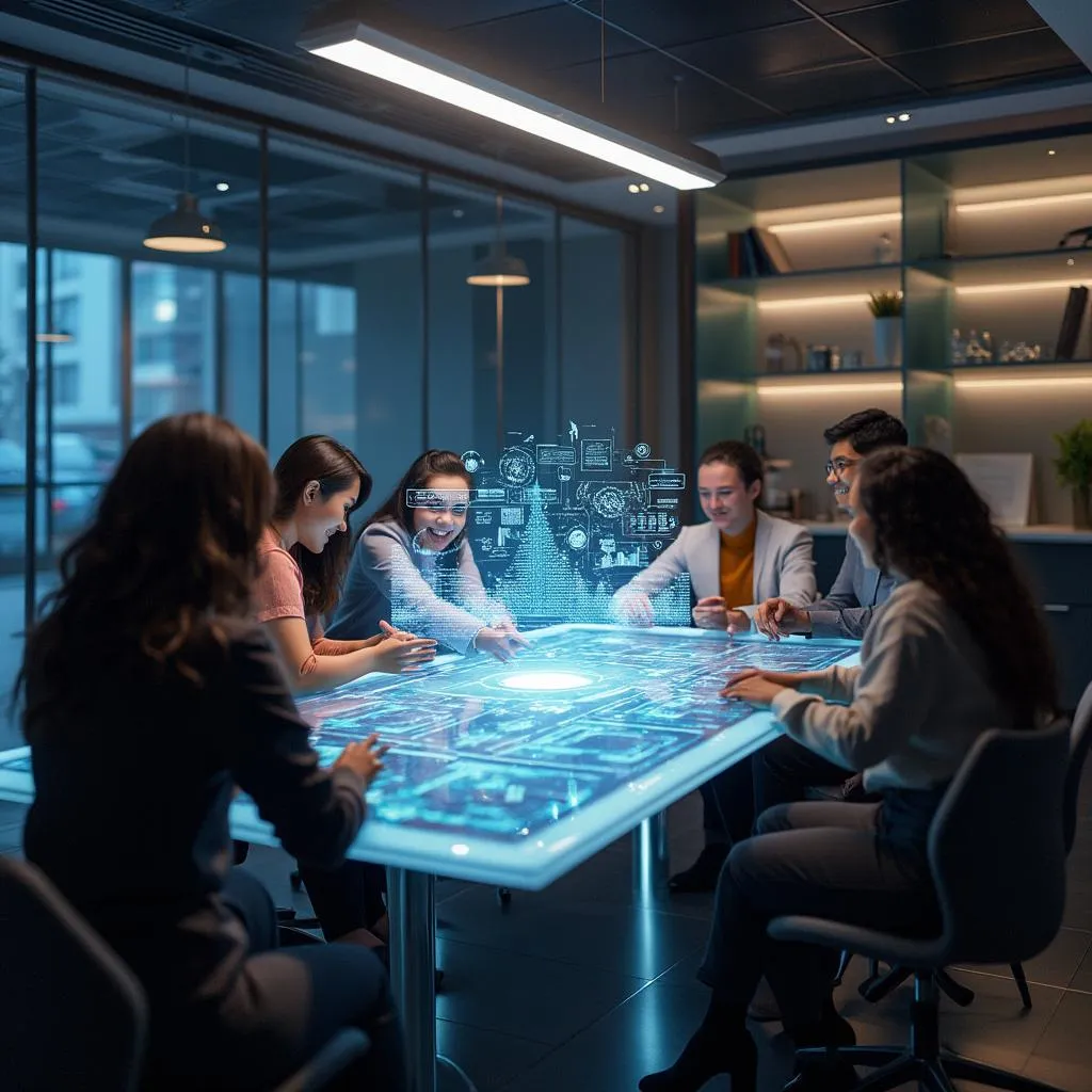 Equipo de consultores analizando datos en una pantalla futurista