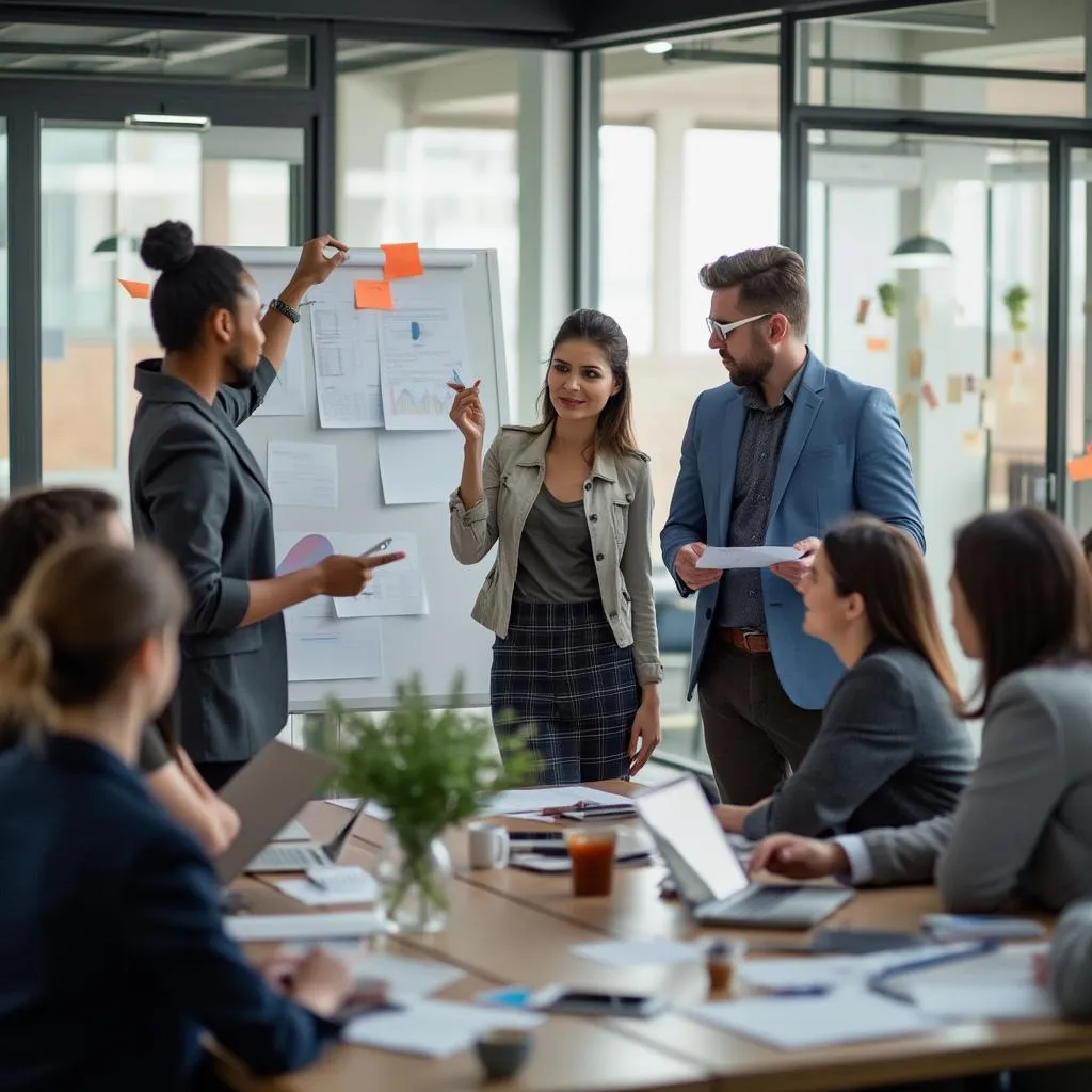 Equipo de consultores colaborando en una estrategia de negocio